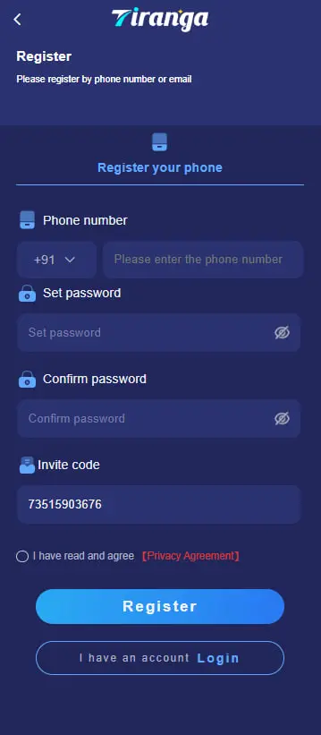 Tiranga Game Registration Interface Screenshot